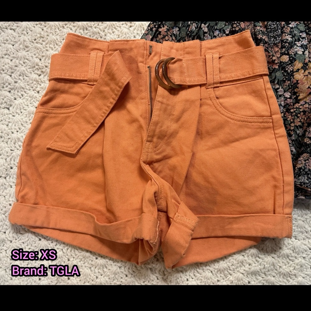 TGLA Women's High Waist Orange Belted Shorts
